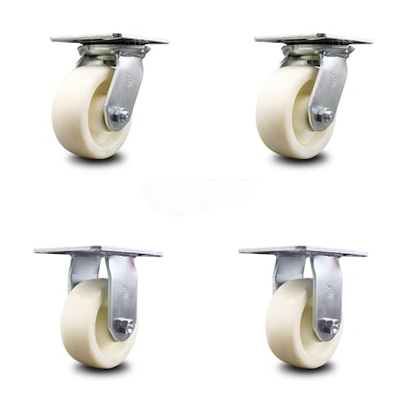 Heavy Duty Large Top Plate Nylon Swivel Caster w/Main. Free Bearings Set of 4 w/5" x 2" White Wheels - Includes 2 Swivel & 2 Rigid - 3600 lbs Total Capacity - Service Caster Brand